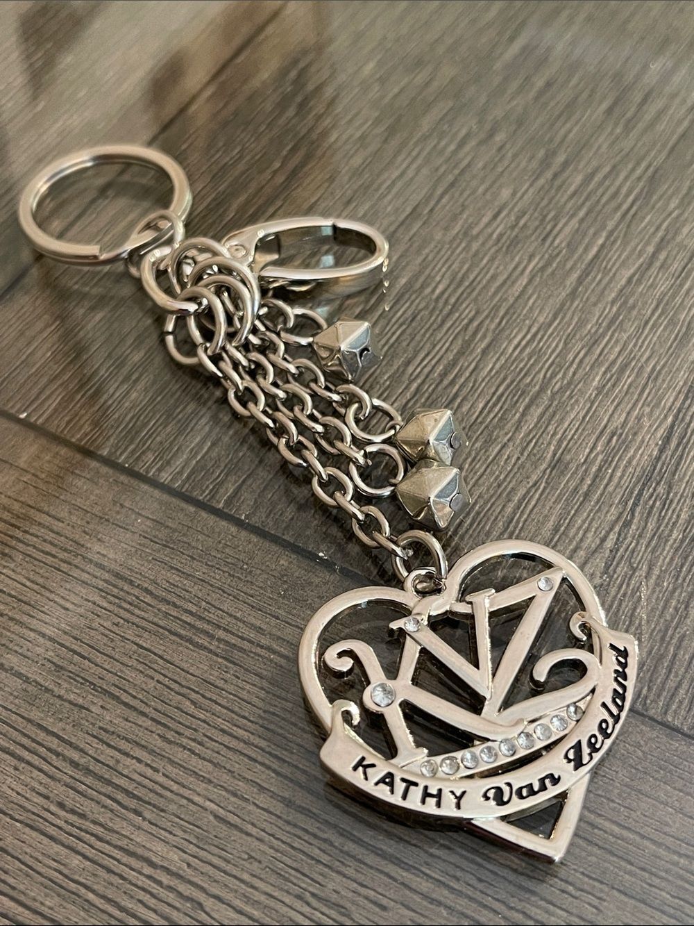 KATHY VAN ZEELAND Silver Tone Heart with Rhinestones -Purse Charm Key Fob